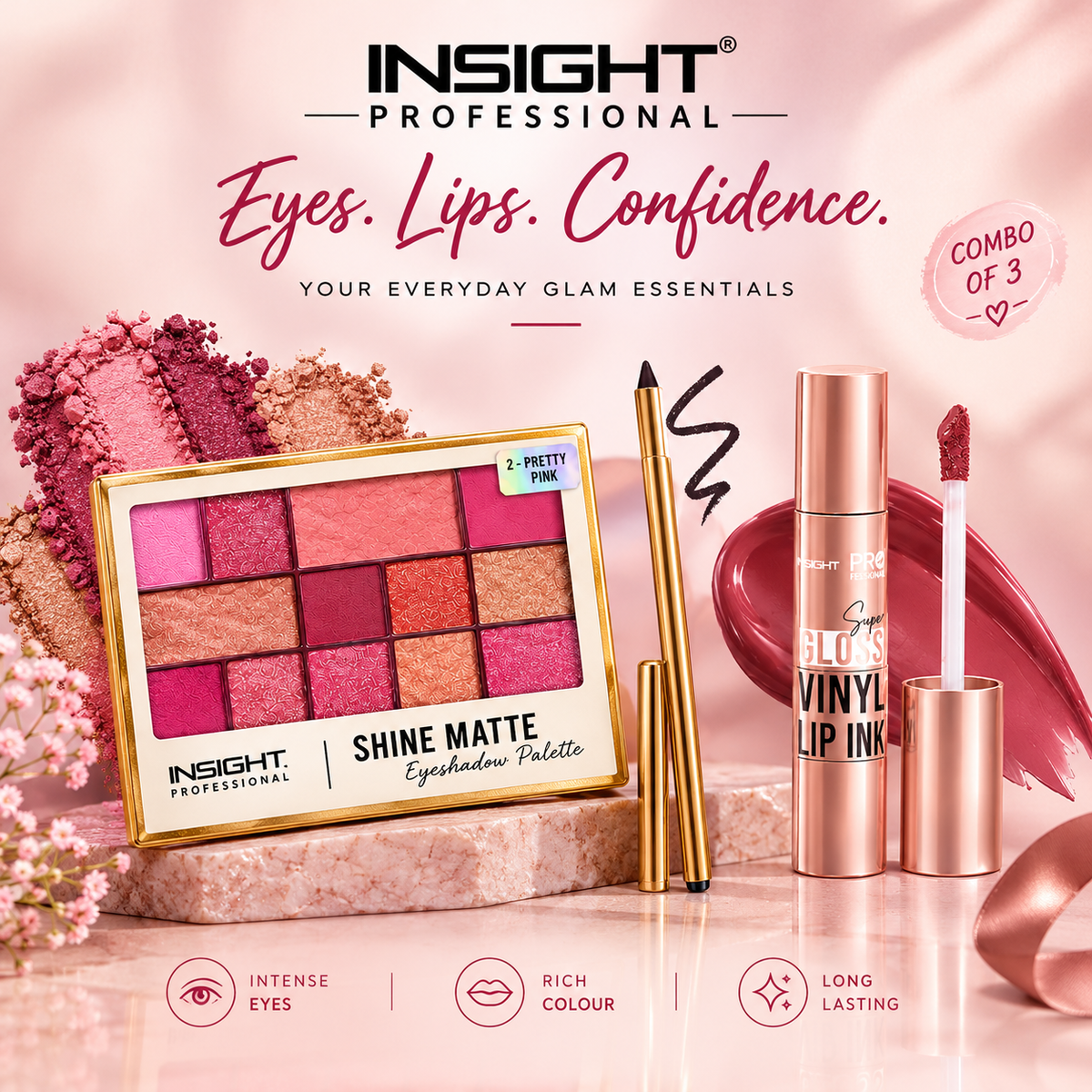 Insight Pro Eyes & Lips Makeup Combo with Kajal, Eyeshadow Palette & Vinyl Lip Ink