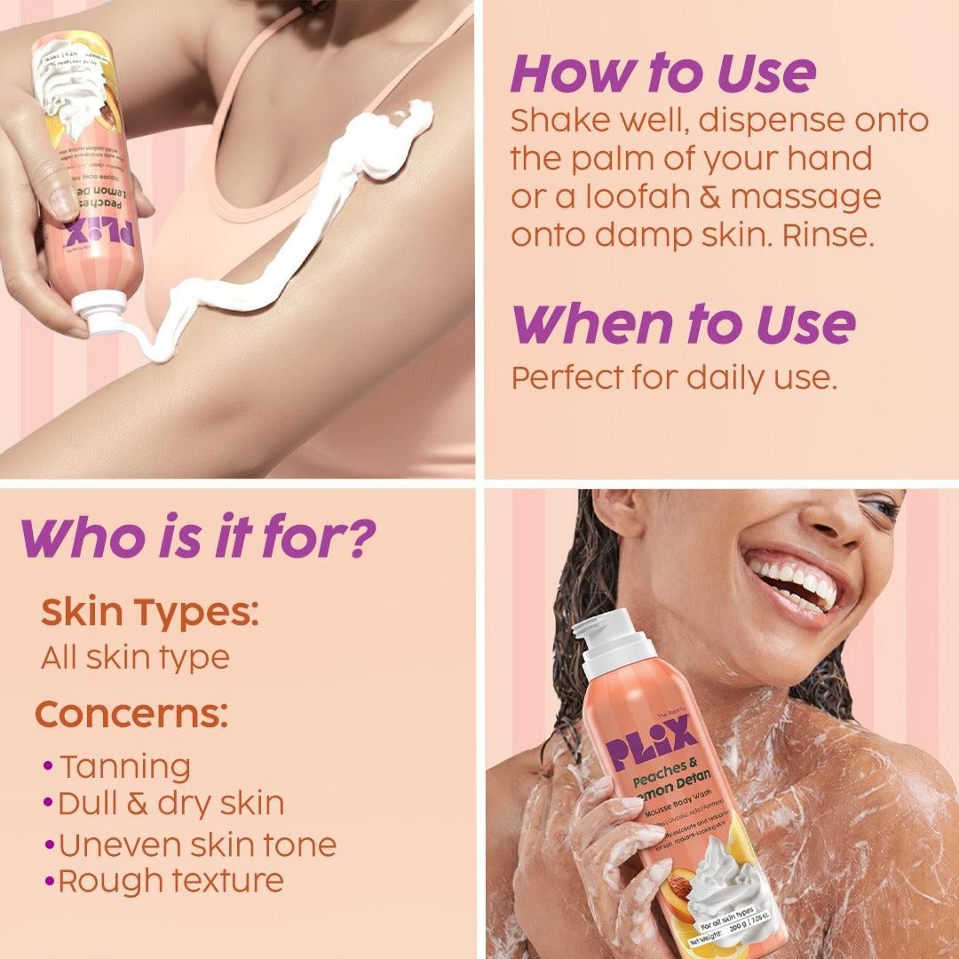 Plix Peaches & Lemon De-Tan Mousse Body Wash – 200ml