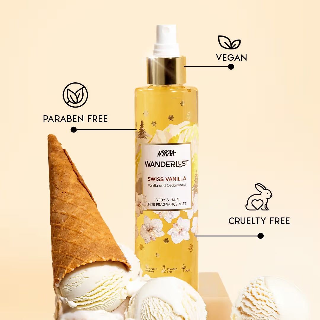 Nykaa Wanderlust Body & Hair Mist - Swiss Vanilla Perfume | Cedarwood & Warm Vanilla Scent - [200ML]