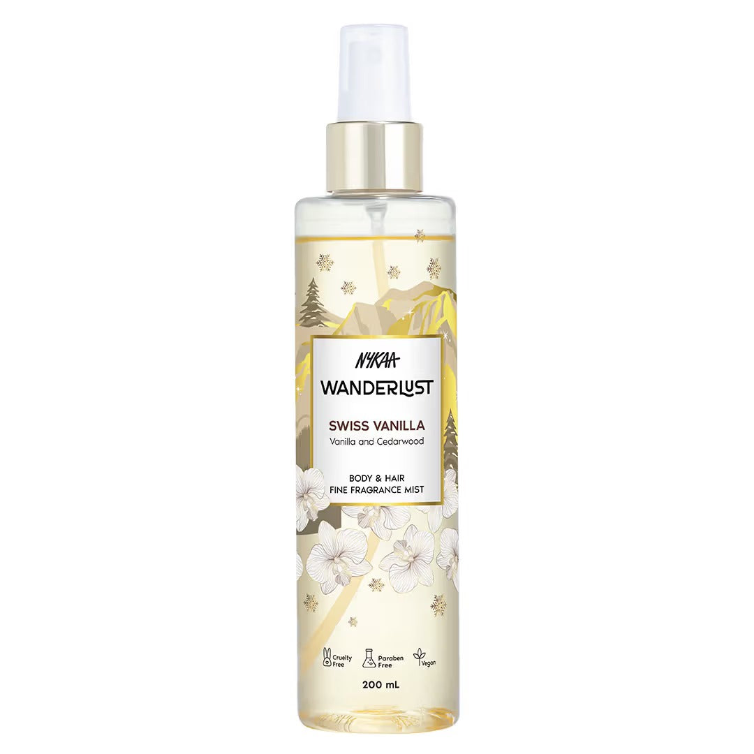 Nykaa Wanderlust Body & Hair Mist - Swiss Vanilla Perfume | Cedarwood & Warm Vanilla Scent - [200ML]