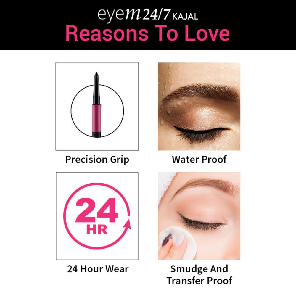Nykaa EyeM24/7 Smudgeproof Kajal – Ebony Soul 01 Black