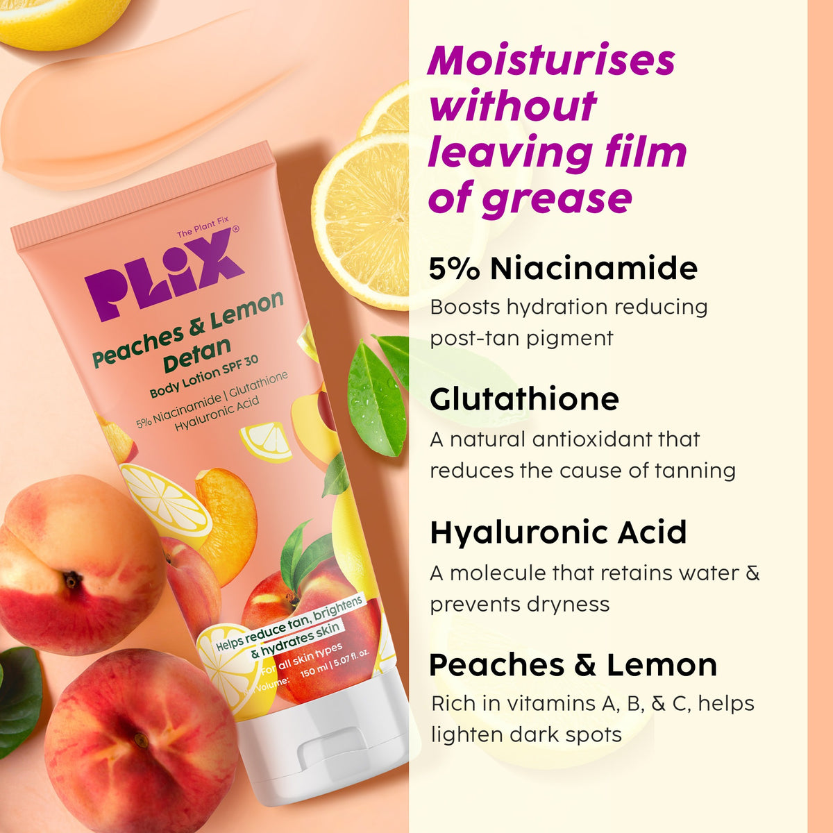 Plix Peaches & Lemon De-Tan Body Lotion SPF 30 – 150ml