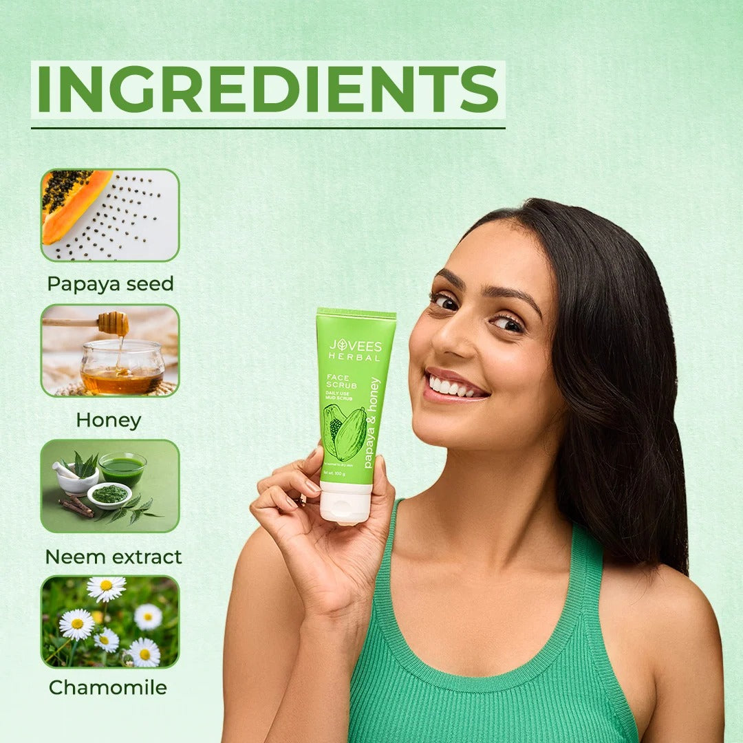 Jovees Papaya & Honey Face Scrub | With Honey & Neem | Normal to Dry Skin - 100gm