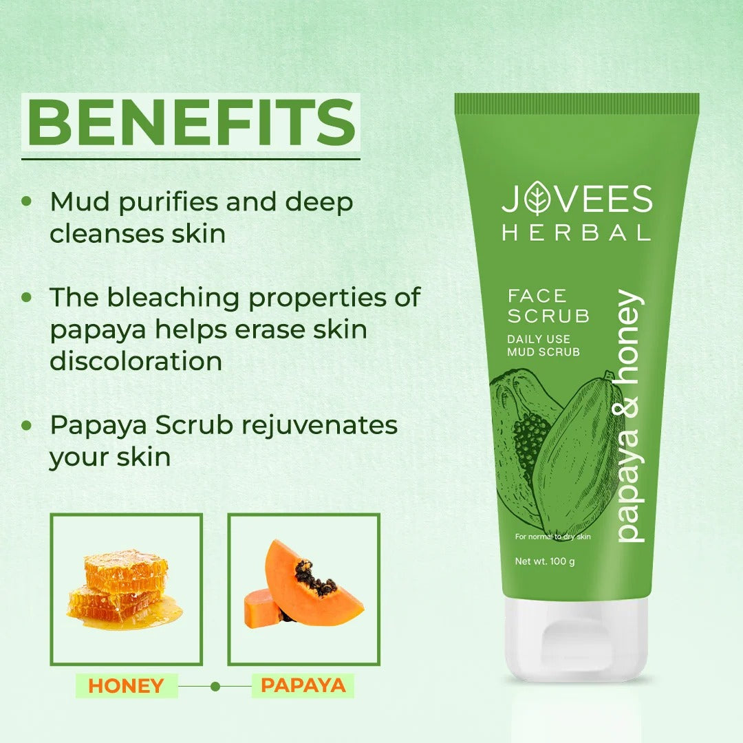 Jovees Papaya & Honey Face Scrub | With Honey & Neem | Normal to Dry Skin - 100gm