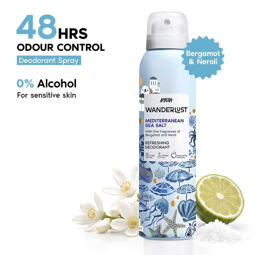 Nykaa Wanderlust Deodorant Spray Unisex - Mediterranean Sea Salt | 48 Hours Citrus Aqua Freshness [150ml]