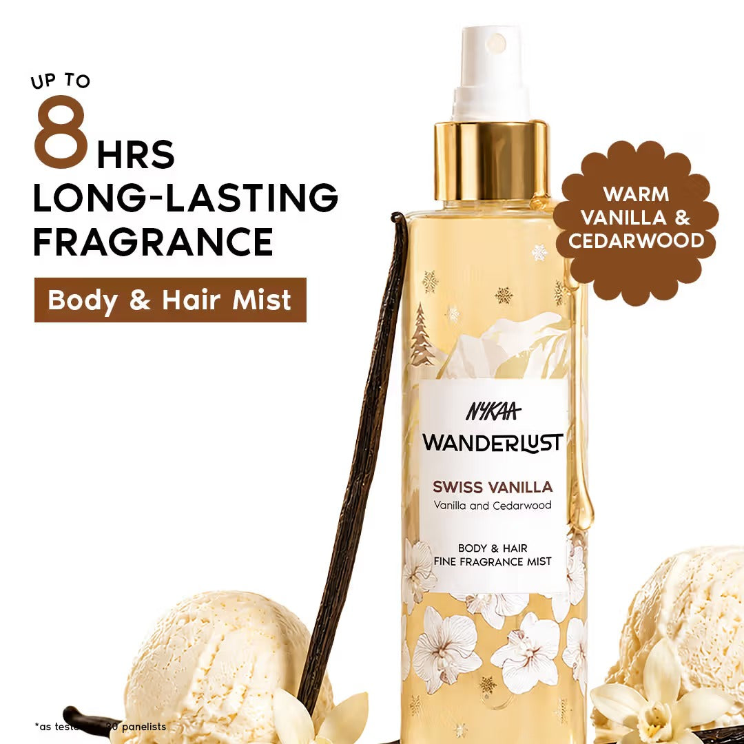 Nykaa Wanderlust Body & Hair Mist - Swiss Vanilla Perfume | Cedarwood & Warm Vanilla Scent - [200ML]