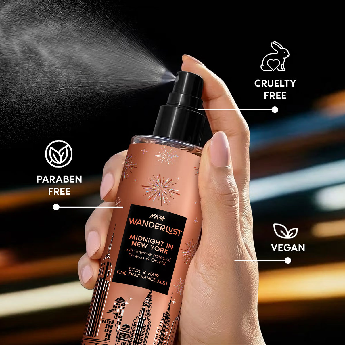Nykaa Wanderlust Body & Hair Mist - Midnight in New York Perfume | Night Orchid & Musk Scent [200ml]]