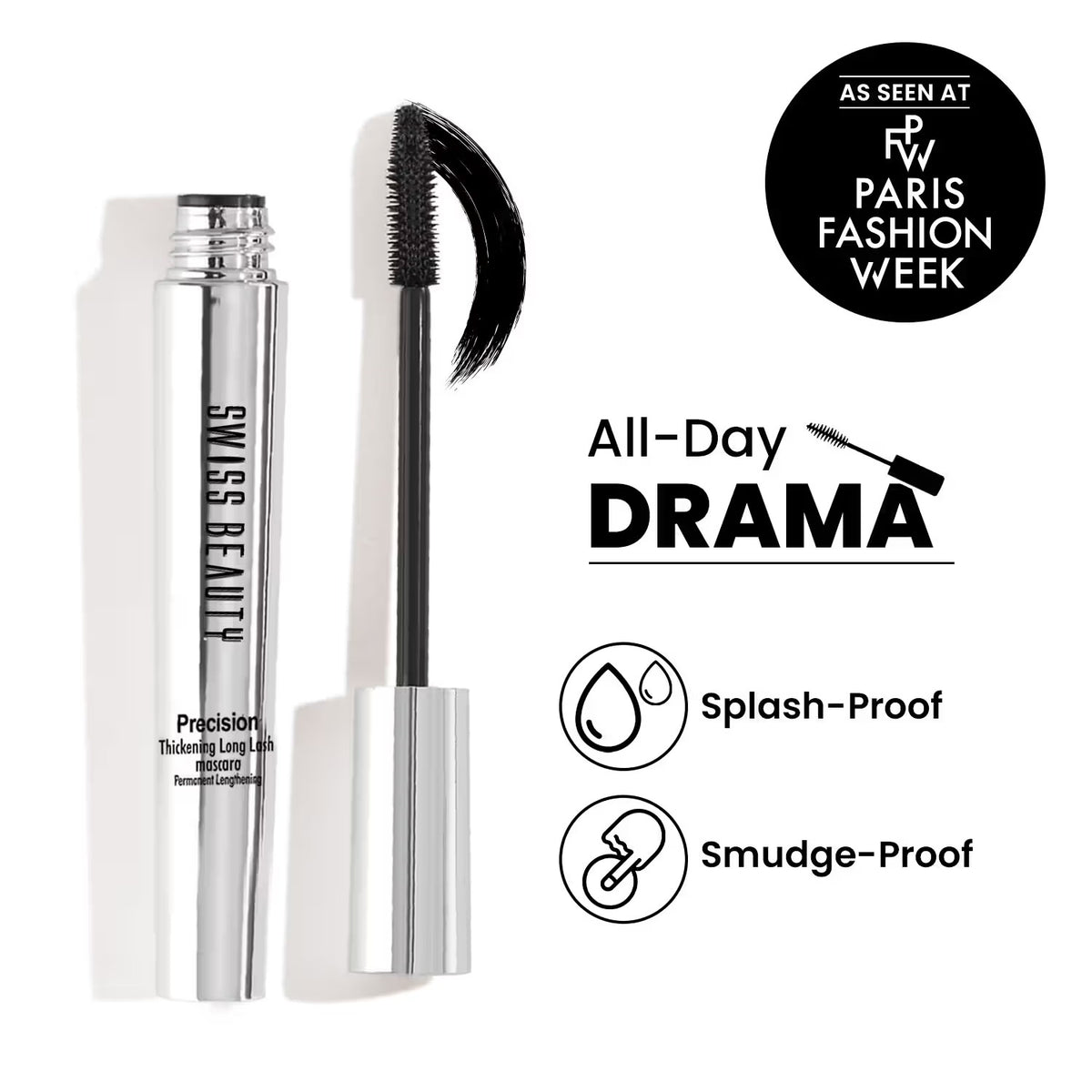 Swiss Beauty Precision Thickening Long Lash Mascara ,Waterproof , Smudge-Proof - Black