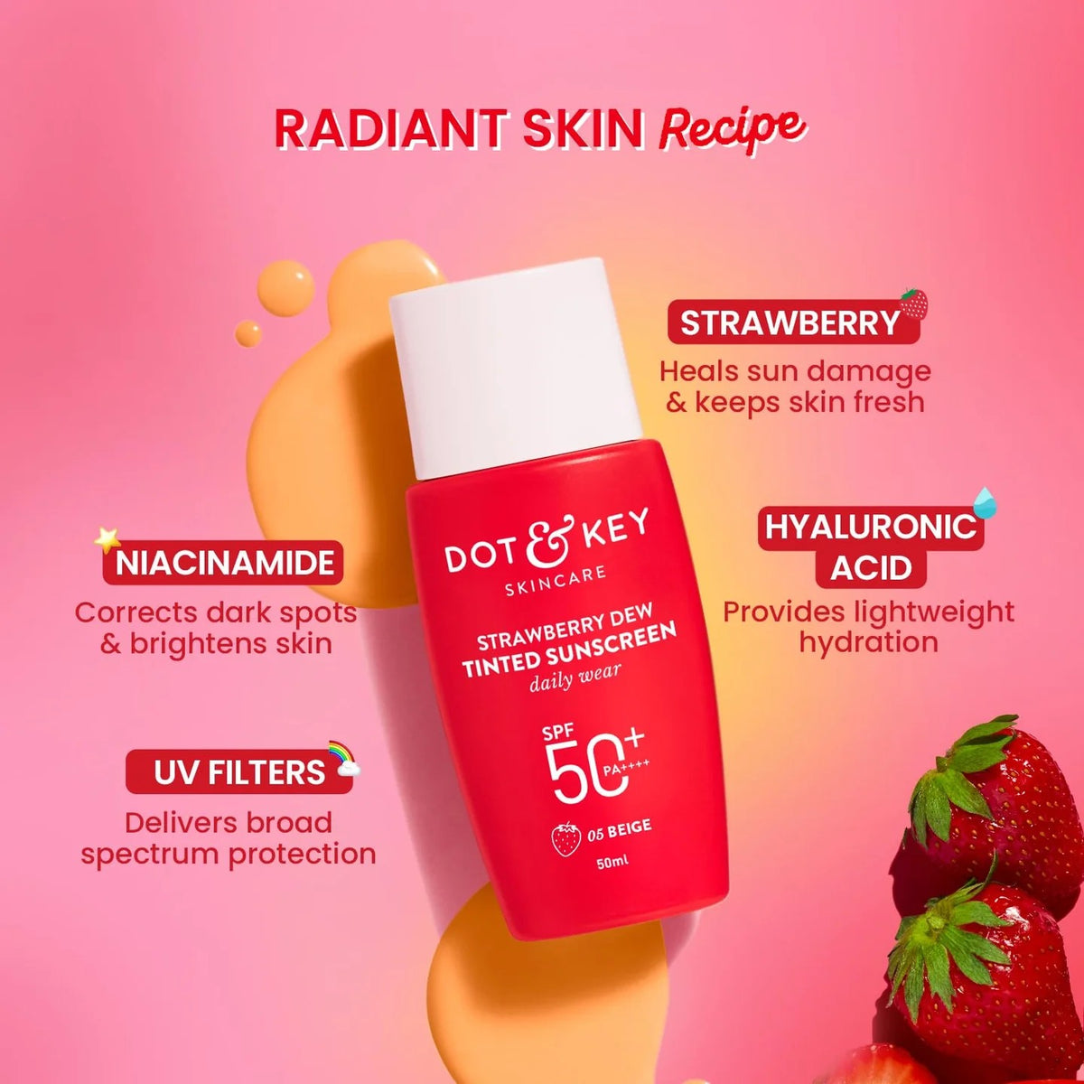 Dot & Key Strawberry Dew Tinted Sunscreen In-Vivo Tested SPF 50+ PA++++ for Daily Wear -01 Porcelain