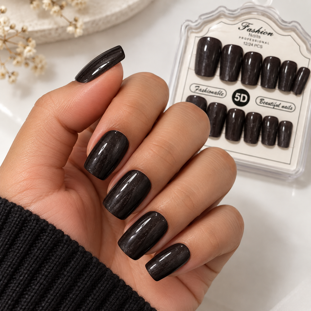 Midnight Black Glossy Press-On Nails – Reusable-Look Nail Style