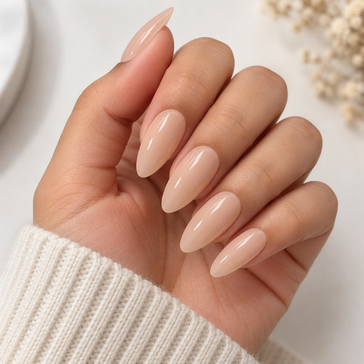 Glossy Nude Beige Almond Press-On Nails – Medium-Length Nail Set