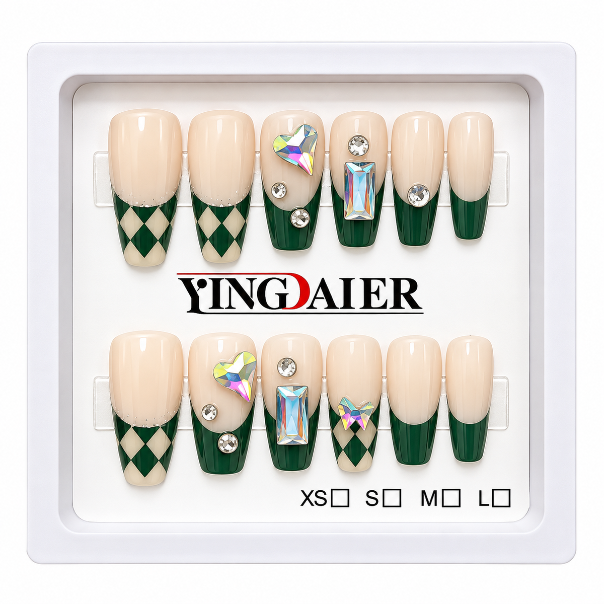 Green & Nude Argyle Press-On Nails with Crystal Accents