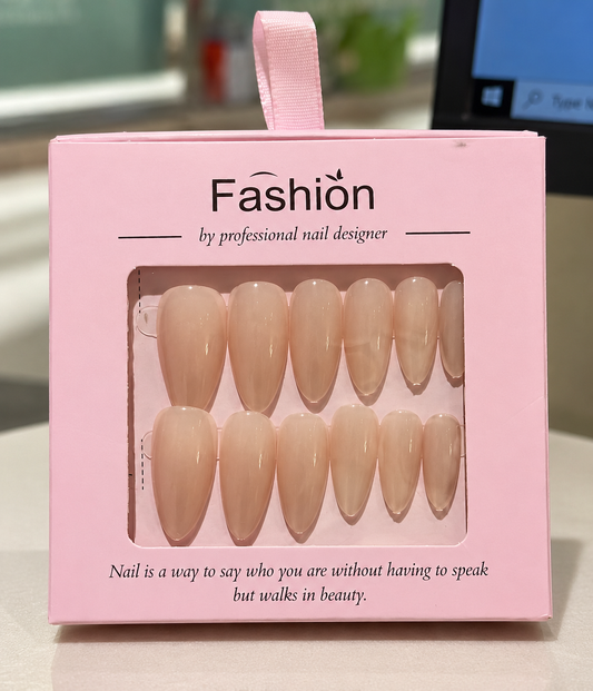 Glossy Nude Beige Almond Press-On Nails – Medium-Length Nail Set