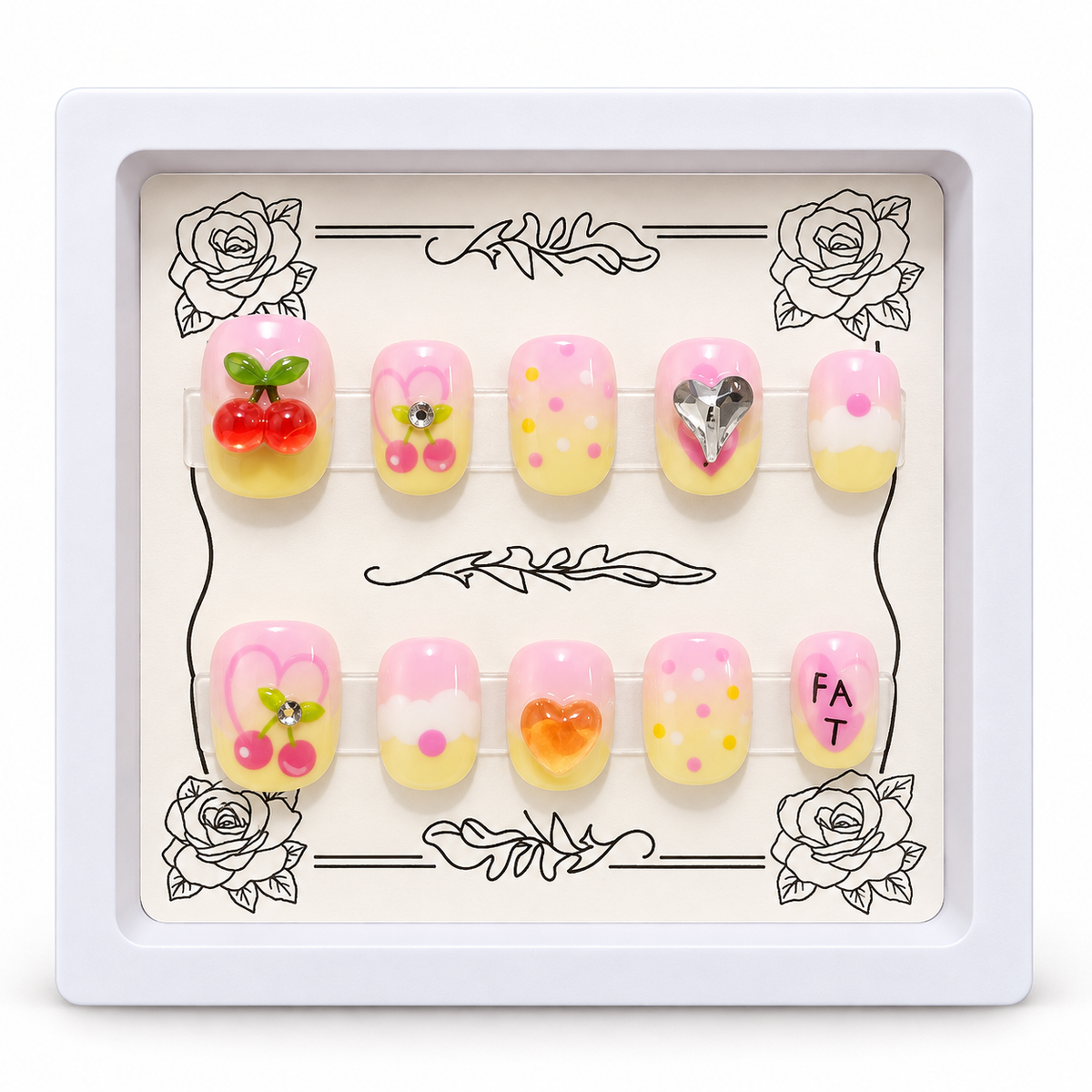 Pink & Yellow Ombre 3D Cherry Press-On Nails for Kids