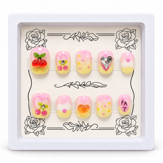 Pink & Yellow Ombre 3D Cherry Press-On Nails for Kids